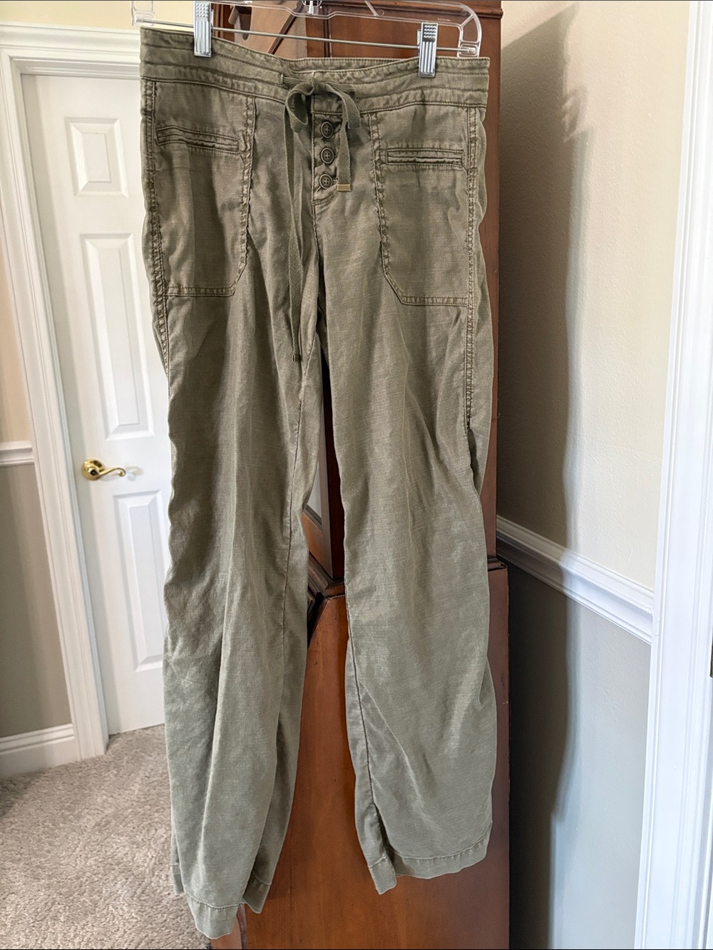 Level 99 Olive Green Casual Cargo Utility Drawstring Linen Blend Wide Leg Pants